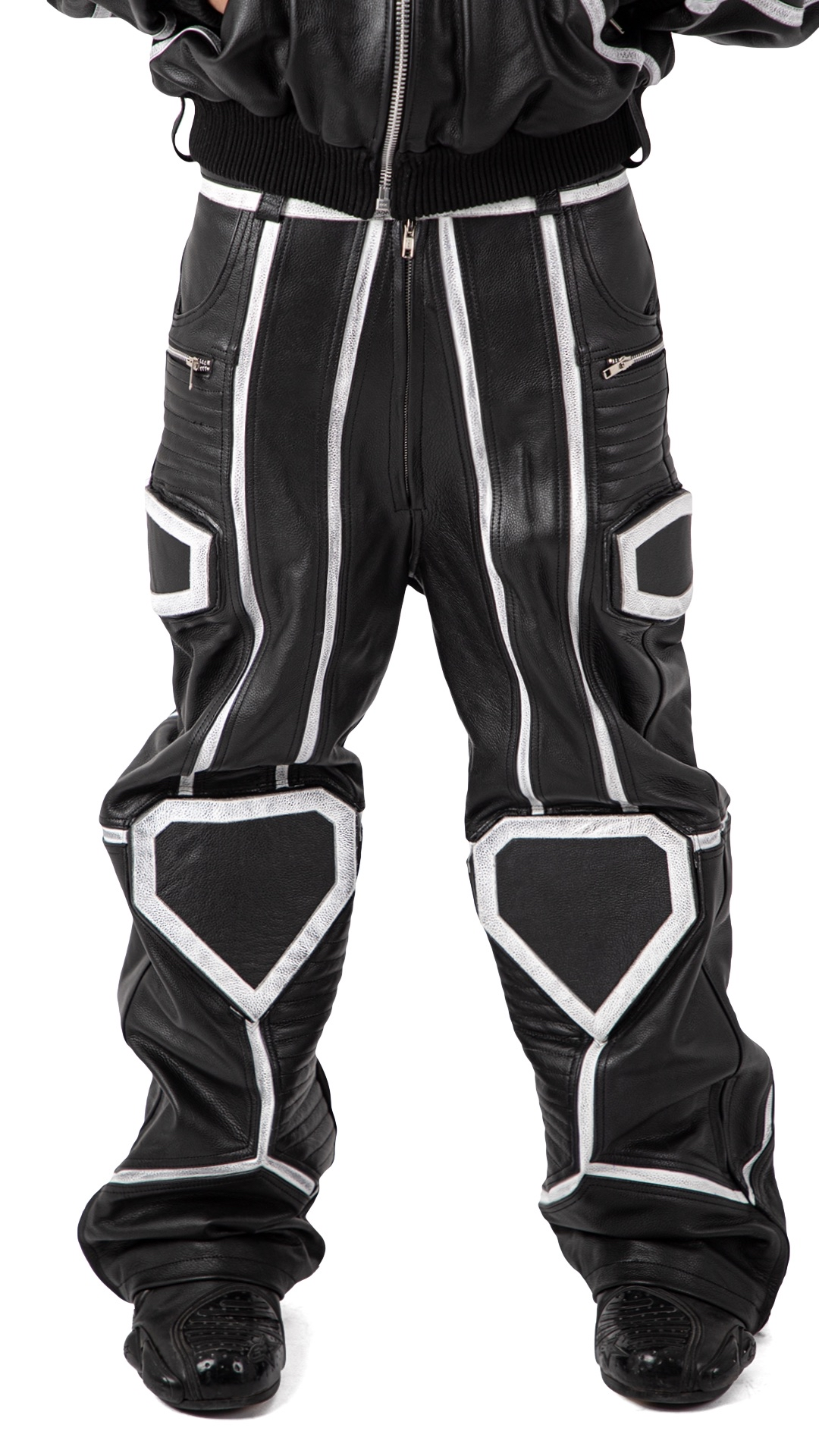 "PRYZM" WHITE LEATHER BIKER PANTS