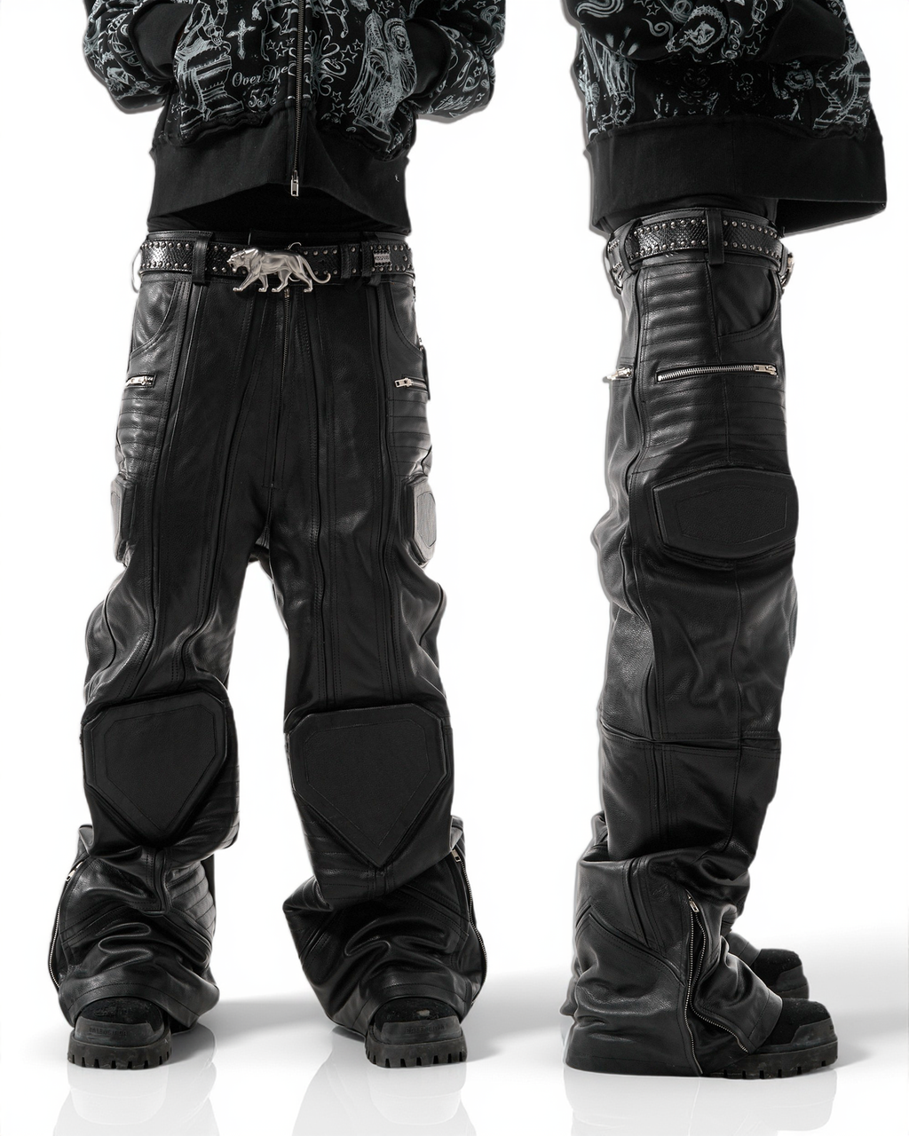 "PRYZM" BLACK LEATHER BIKER PANTS