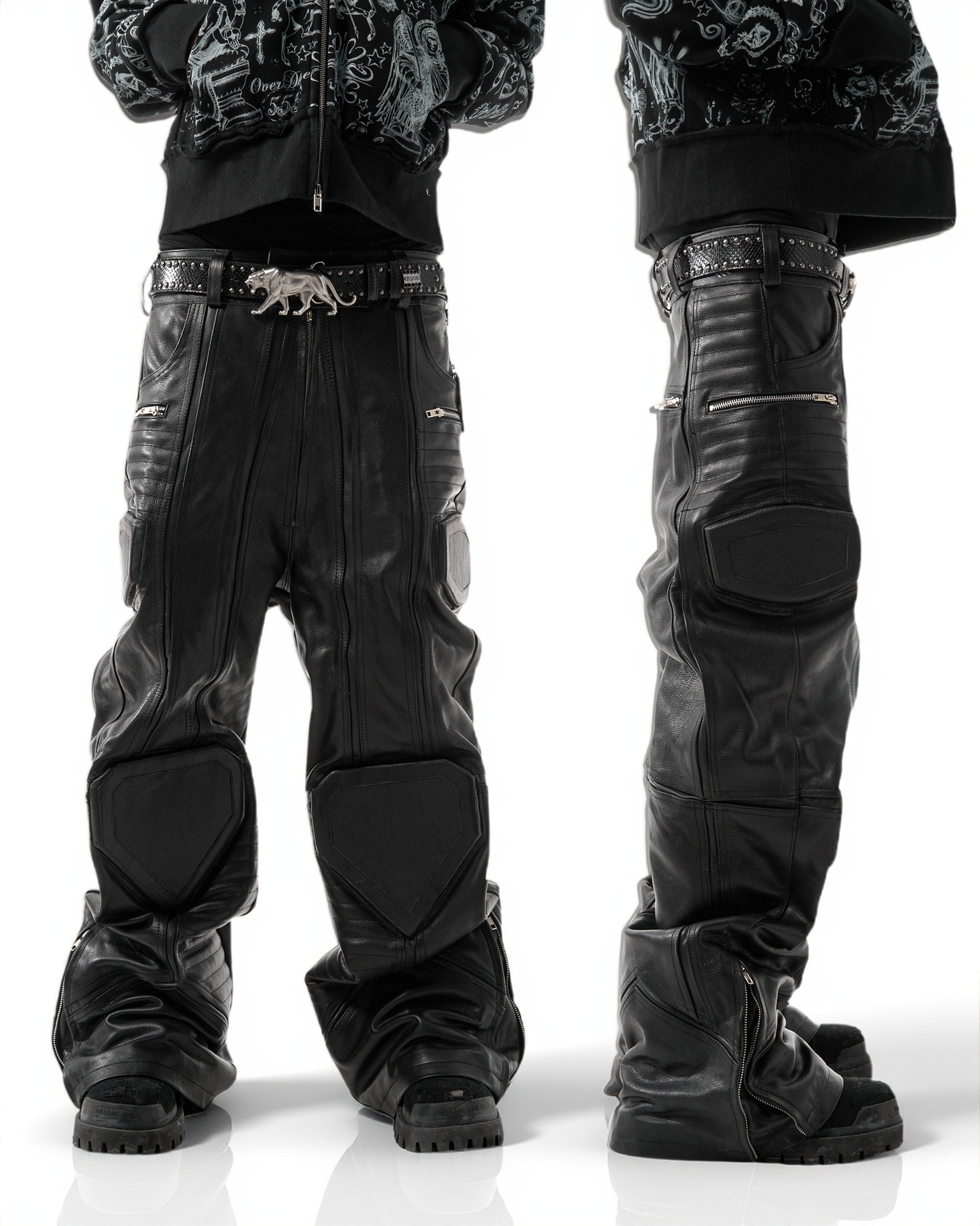 "PRYZM" BLACK LEATHER BIKER PANTS