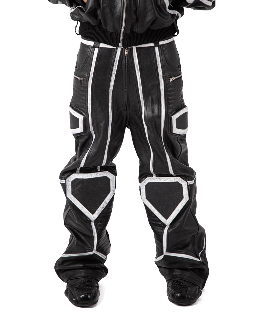 "PRYZM" WHITE LEATHER BIKER PANTS