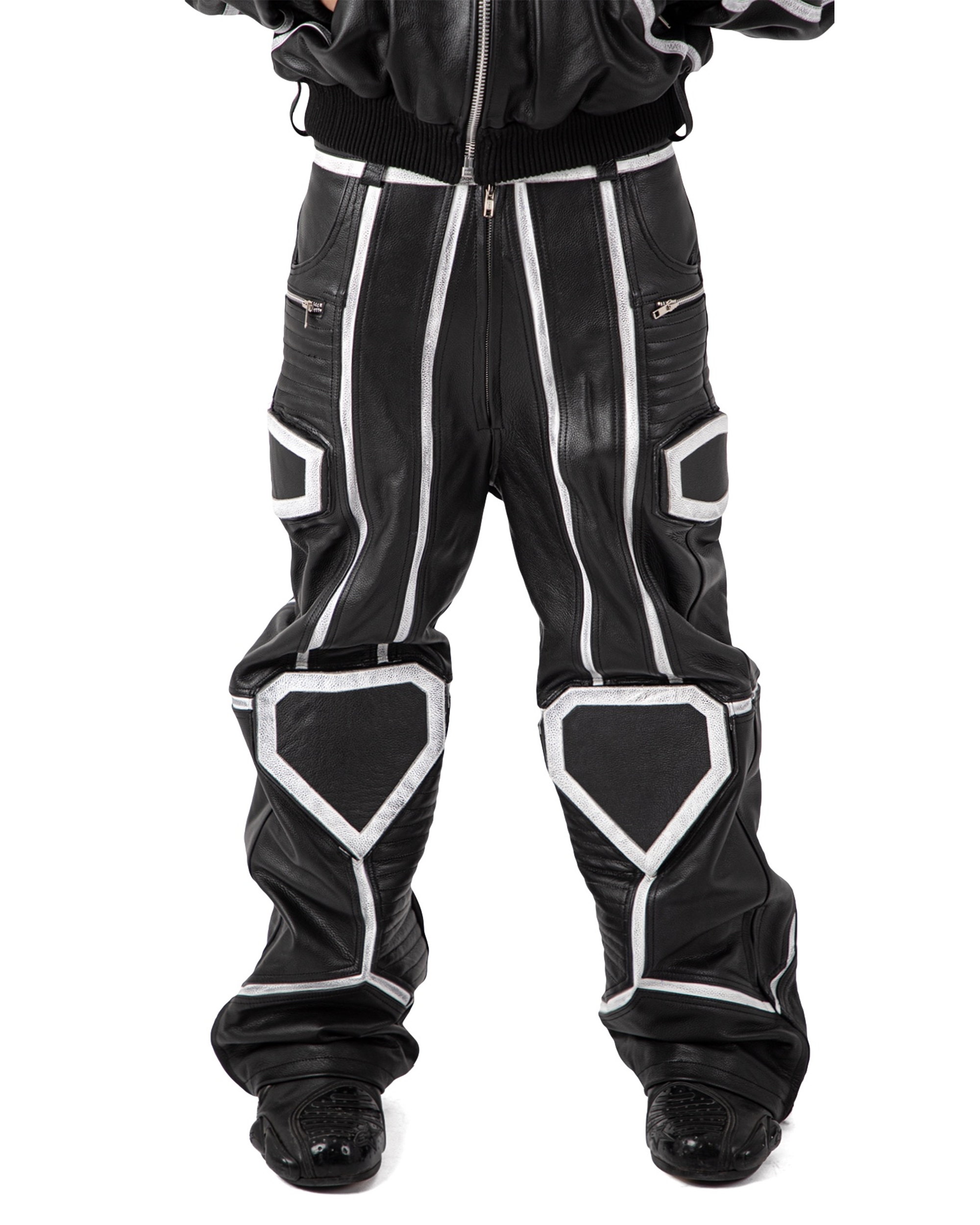 "PRYZM" WHITE LEATHER BIKER PANTS