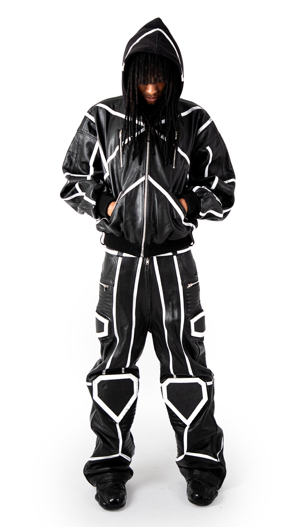 "PRYZM" WHITE LEATHER BIKER PANTS