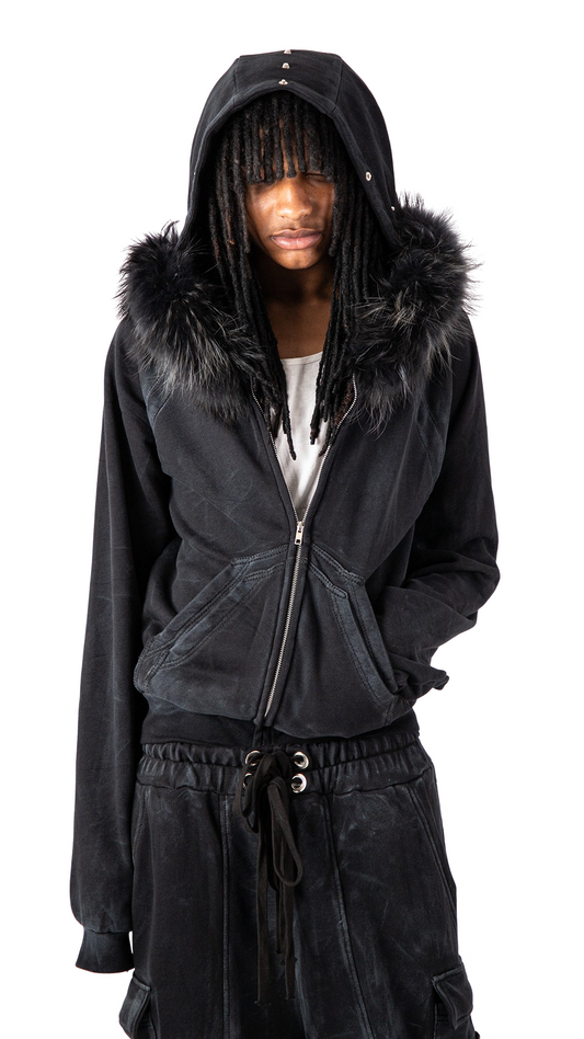 "OBSIDIA" FOX FUR WAXED HOODIE