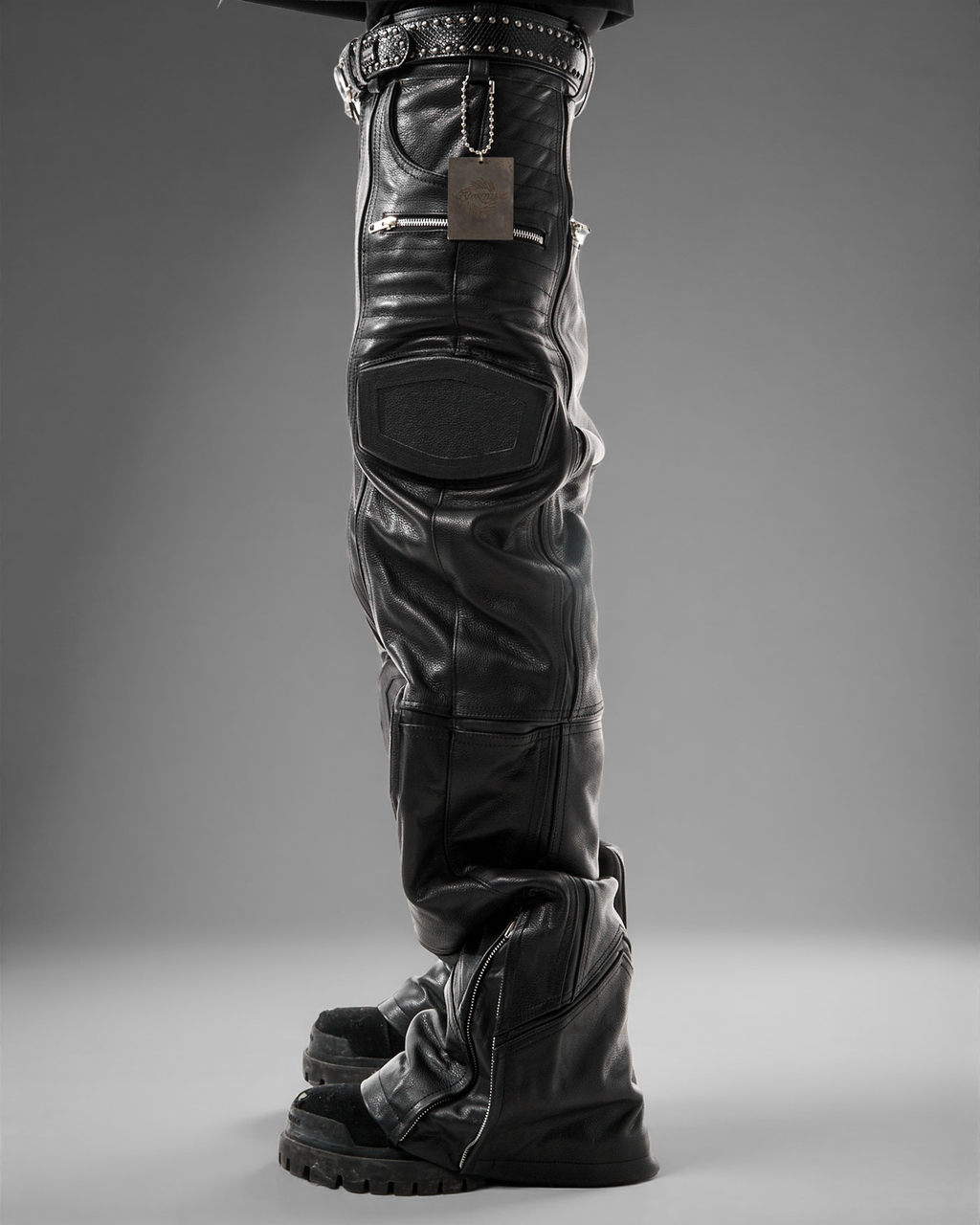 "PRYZM" BLACK LEATHER BIKER PANTS
