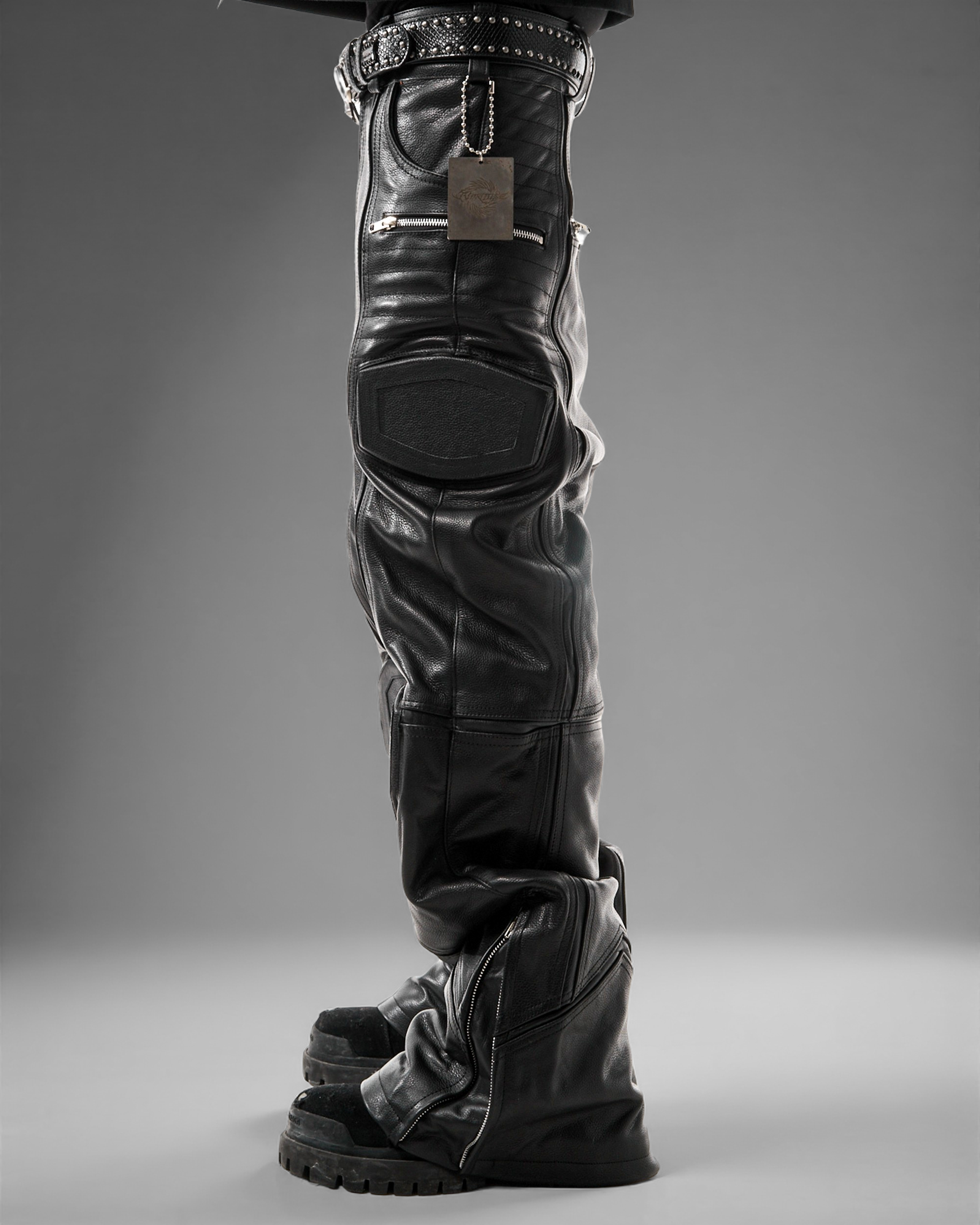 "PRYZM" BLACK LEATHER BIKER PANTS