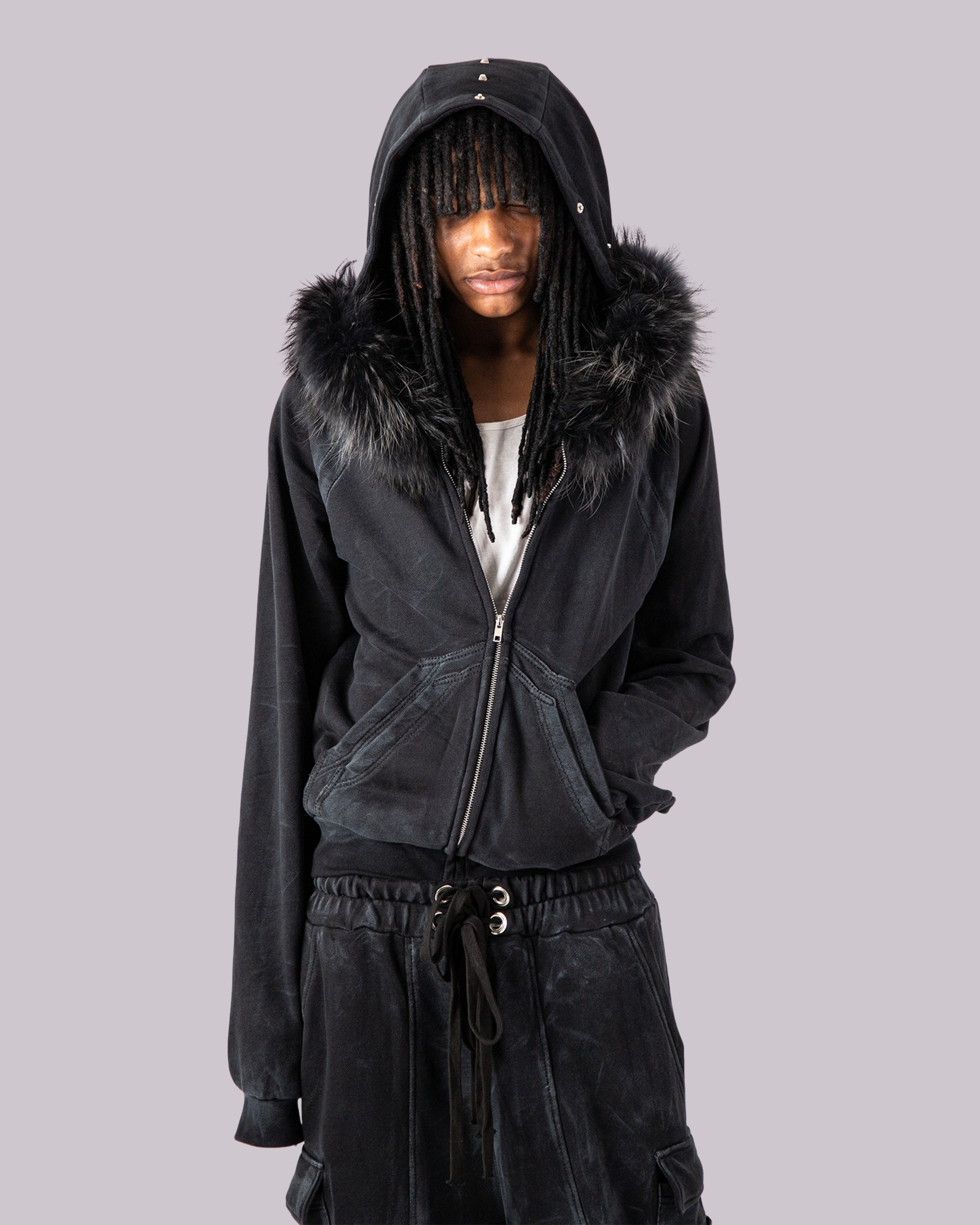 "OBSIDIA" FOX FUR WAXED HOODIE