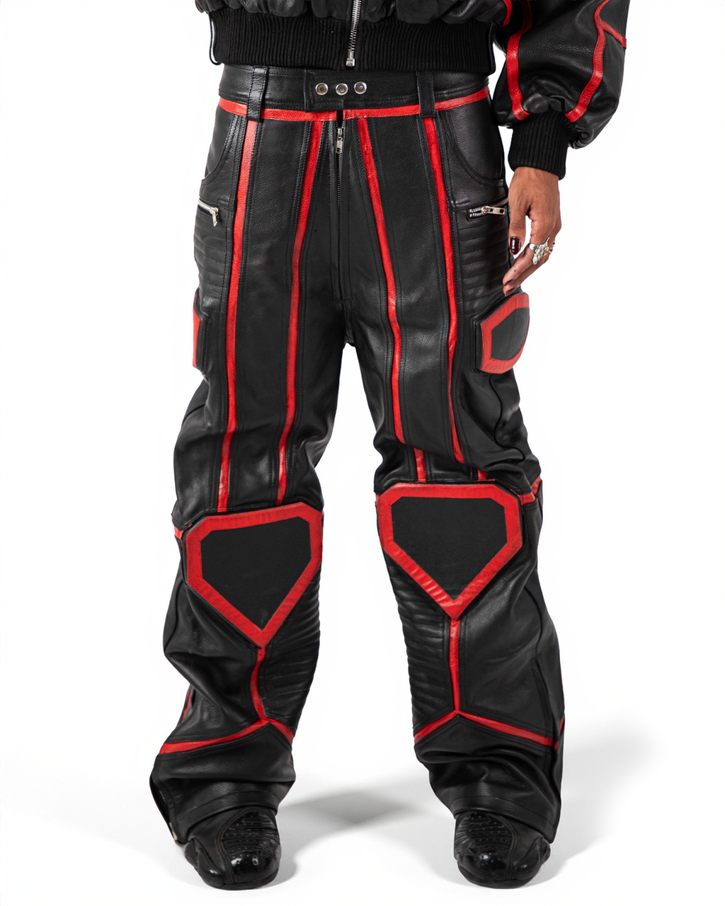 "PRYZM" RED LEATHER BIKER PANTS